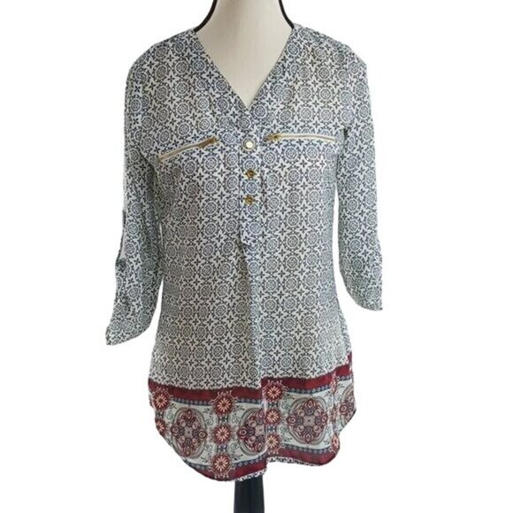 Rue 21 Blouse Geometric Batik Print Roll Tab Sleeve Zipper Womens Size XS - Picture 1 of 6